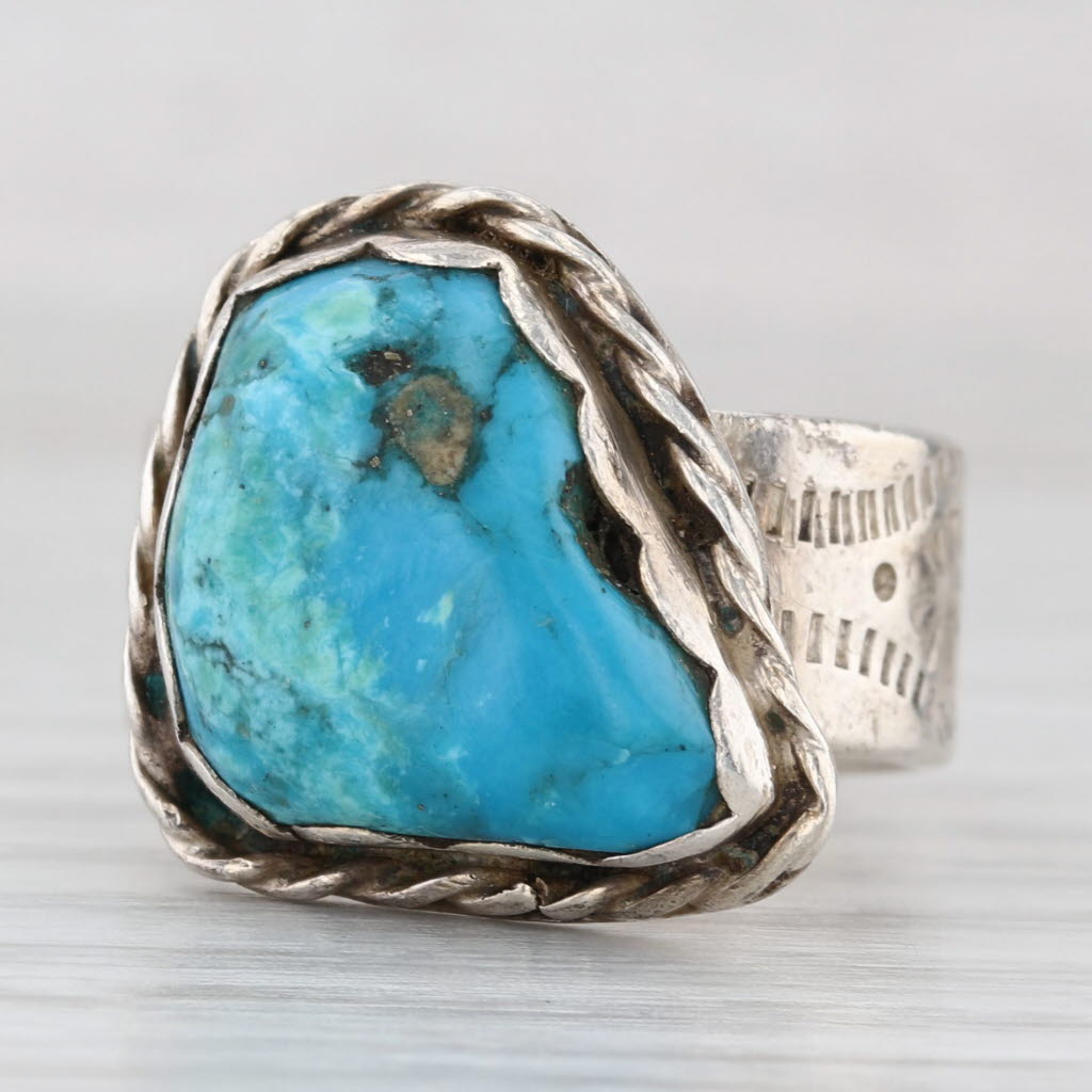Turquoise Cabochon Ring Sterling Silver Vintage Native American Signed Sz 8
