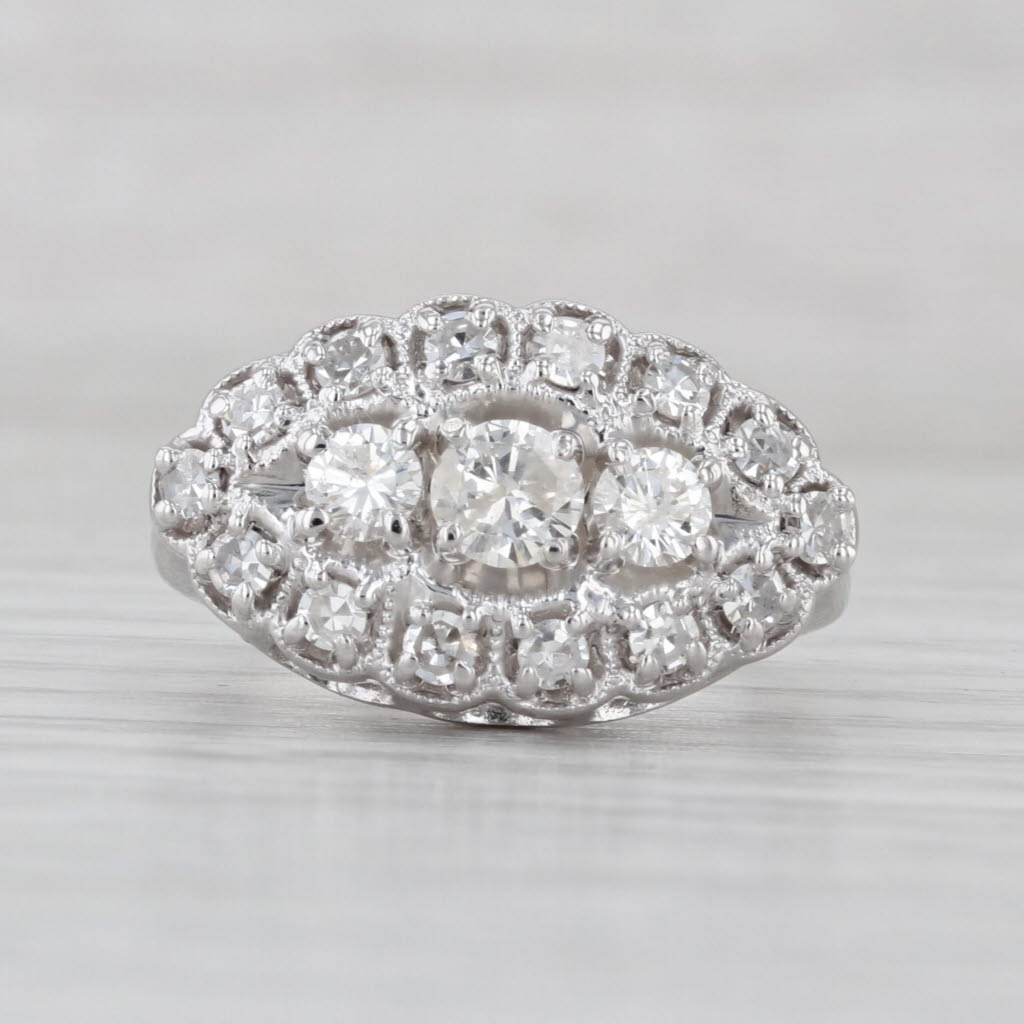 Vintage 0.96ctw Diamond 3-Stone Halo Ring 14k White Gold Size 6.25