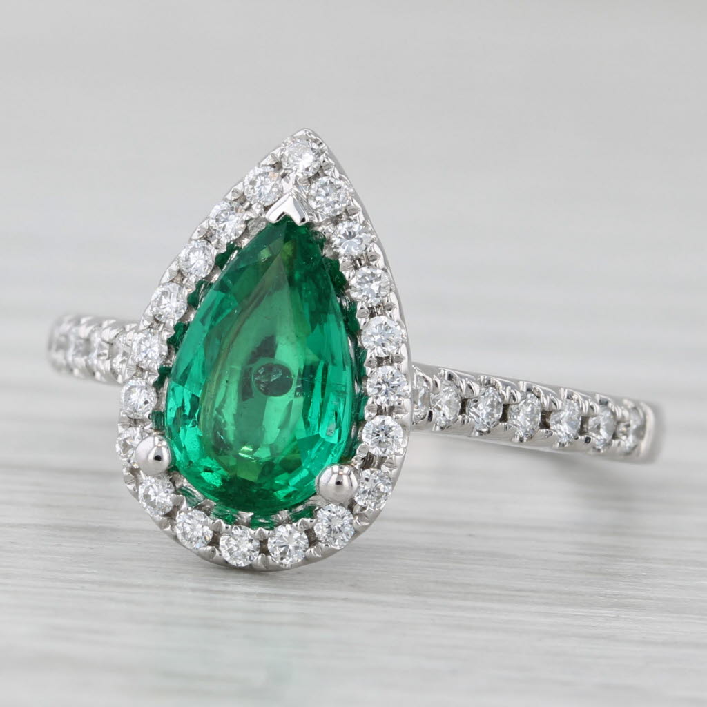 Light Gray 1.32ctw Emerald Diamond Halo Teardrop Ring 14k White Gold Size 6.5 Engagement