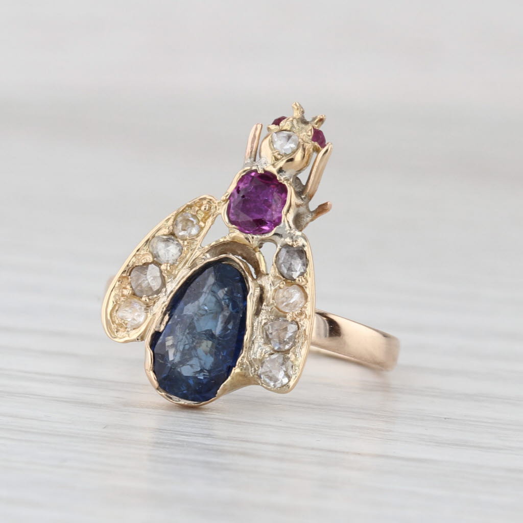 Vintage 1.63ctw Diamond Sapphire Ruby Bee Ring 10k Yellow Gold Size 7