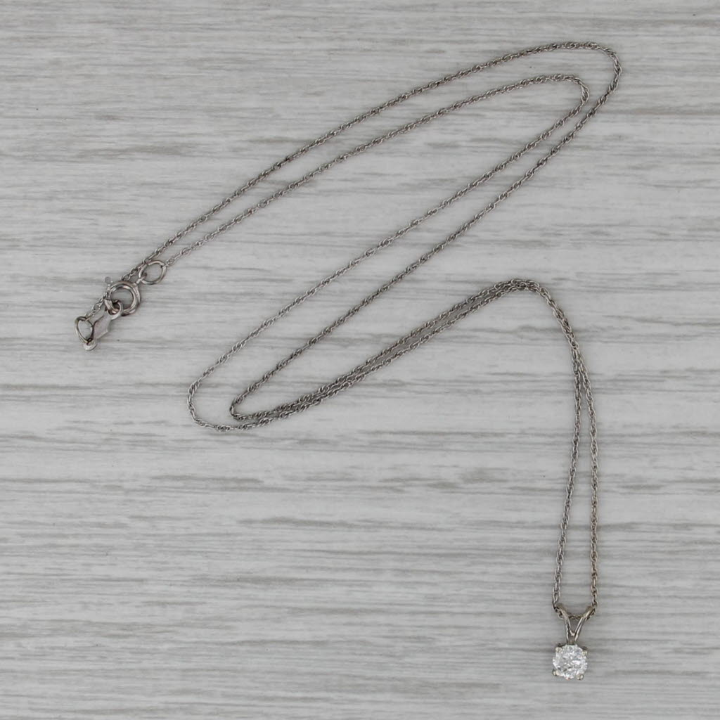 0.29ct Round Diamond Solitaire Pendant Necklace 14k White Gold 18" Rope Chain