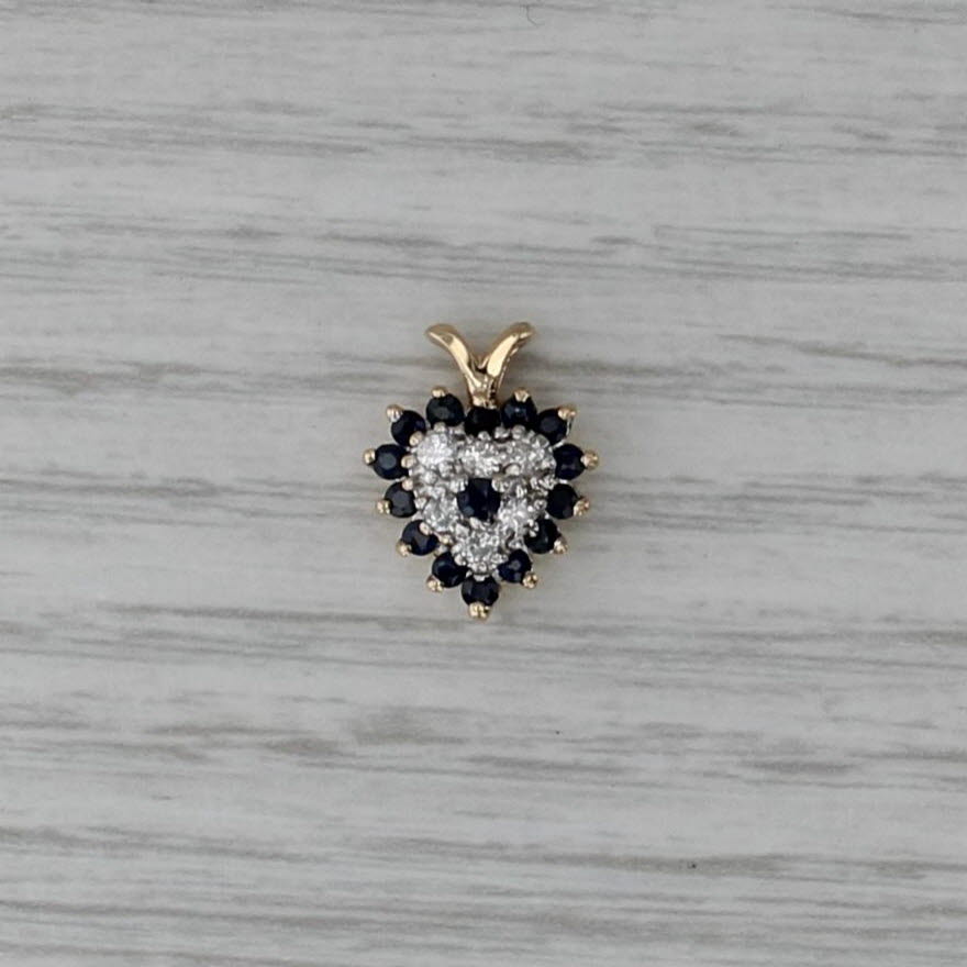Blue Sapphire Diamond Heart Pendant 14k Yellow Gold Small Drop