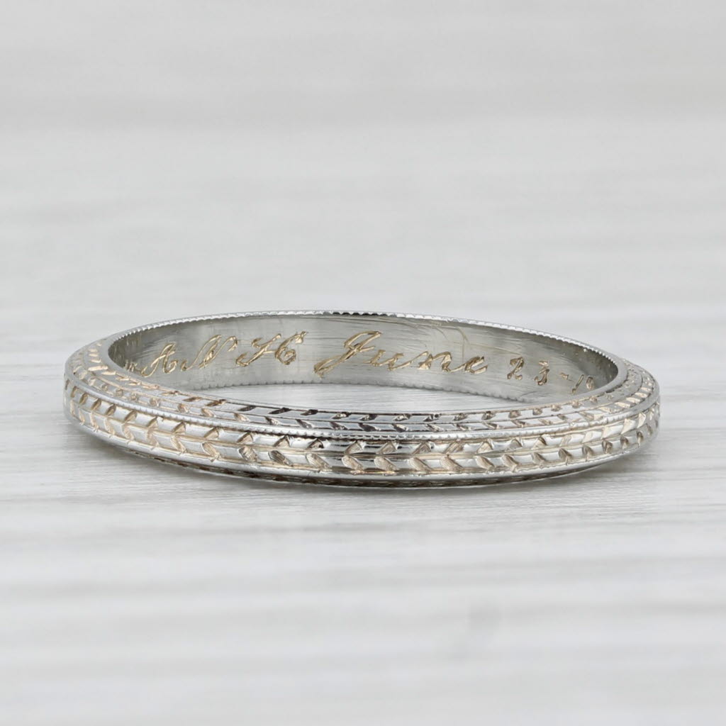 Light Gray Art Deco 1913 Antique Wheat Pattern Band 18k White Gold Size 5.5 Wedding Ring