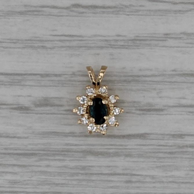 Small 0.39ctw Blue Sapphire Diamond Halo Pendant 14k Yellow Gold