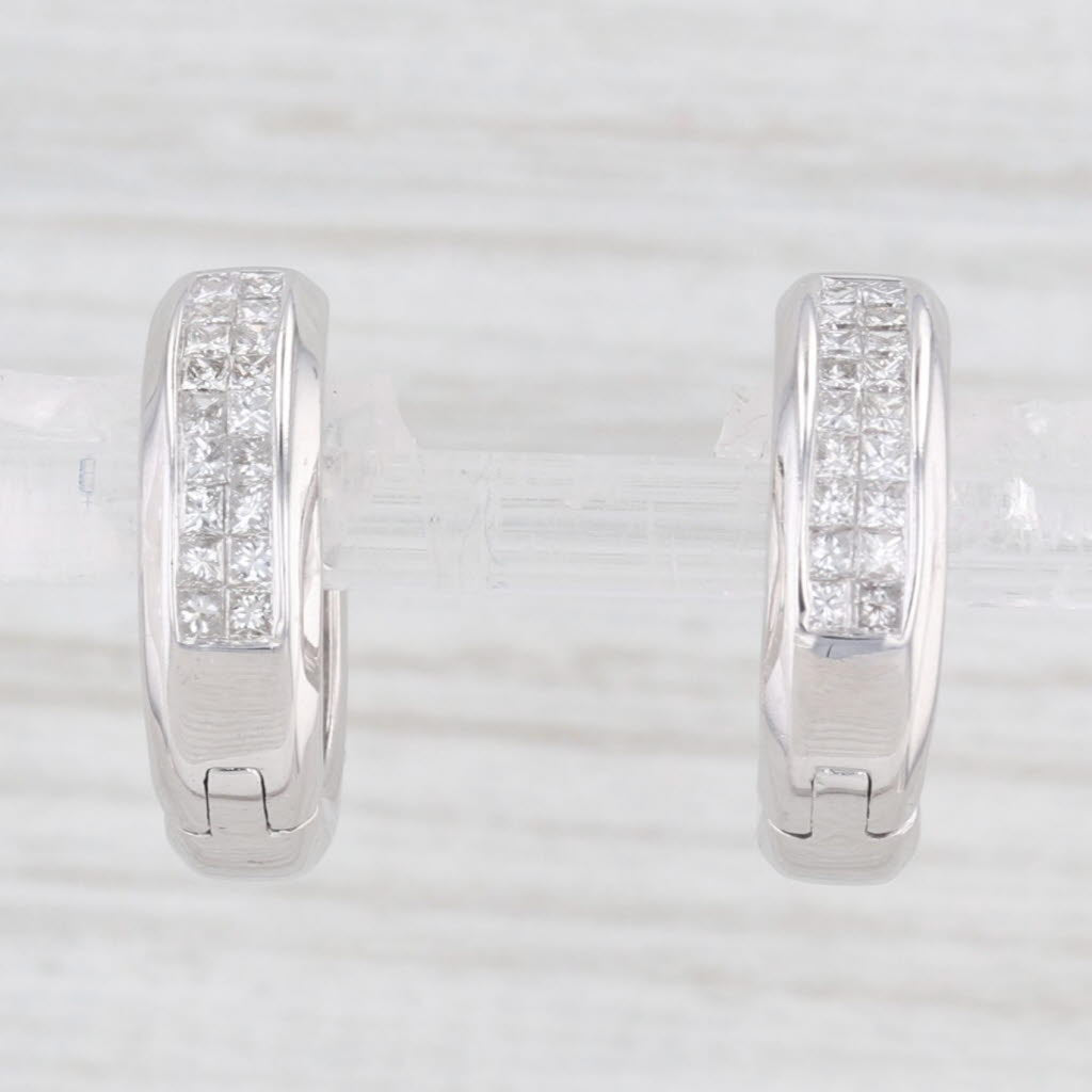 Light Gray 0.70ctw Diamond Hoop Huggie Earrings 14k White Gold Snap Top Round Hoops