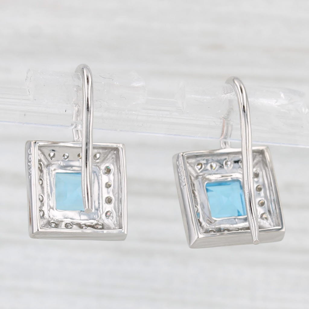 Light Gray 1.80ctw Blue Topaz Diamond Halo Drop Earrings 14k White Gold Hook Posts