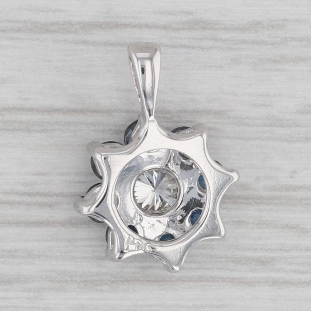 Gray 0.85ctw Blue Sapphire Diamond Flower Pendant 14k White Gold