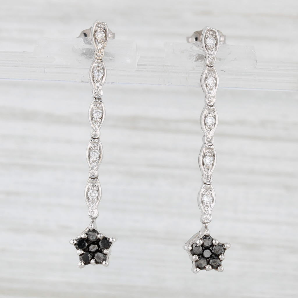 Light Gray 0.35ctw Black White Diamond Flower Drop Earrings 14k White Gold