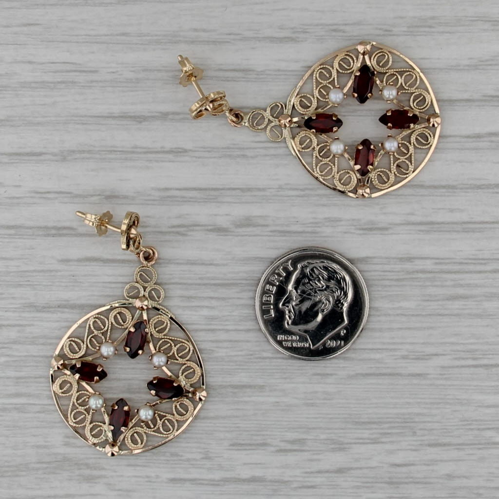2.30ctw Garnet Seed Pearl Ornate Dangle Earrings 14k Yellow Gold Filigree