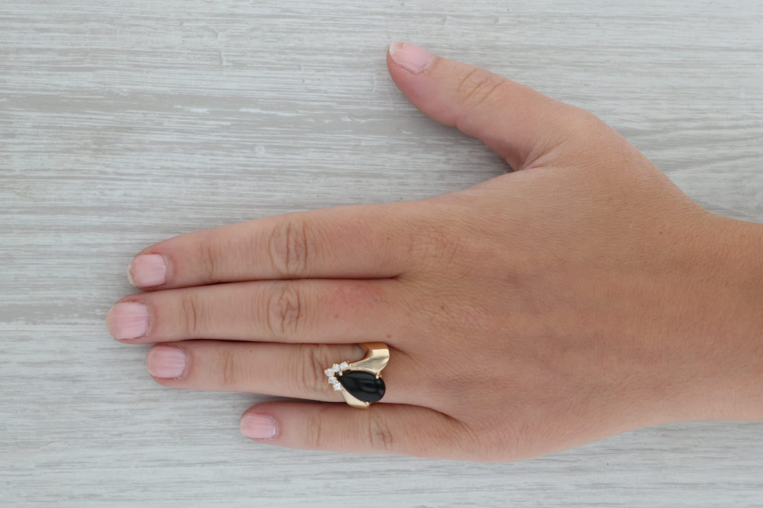 Dark Gray Onyx Teardrop Diamond Ring 14k Yellow Gold Size 6.75 Bypass