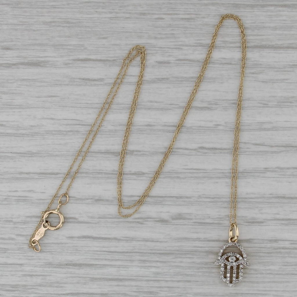 0.15ctw Diamond Hamsa Pendant Necklace 14k Yellow Gold 18" Rope Chain