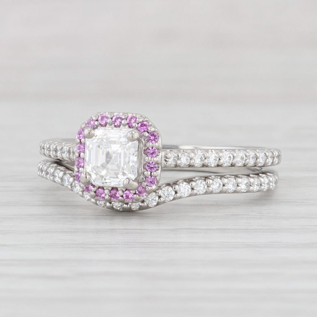 Light Gray GIA 1.13ctw Diamond Pink Sapphire Halo Engagement Ring Wedding Band Set Platinum