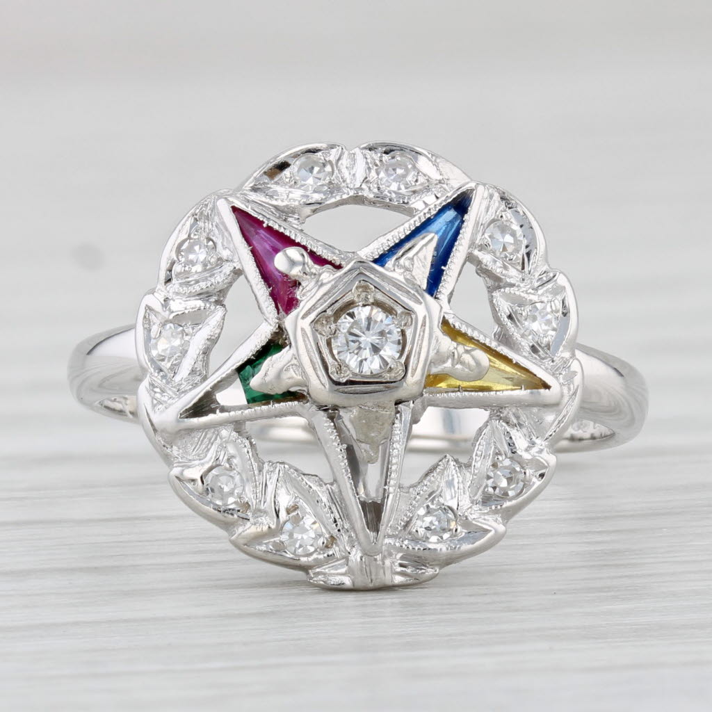 Light Gray Order Eastern Star Ring 14k Gold Diamond Lab Created Gemstones Masonic OES