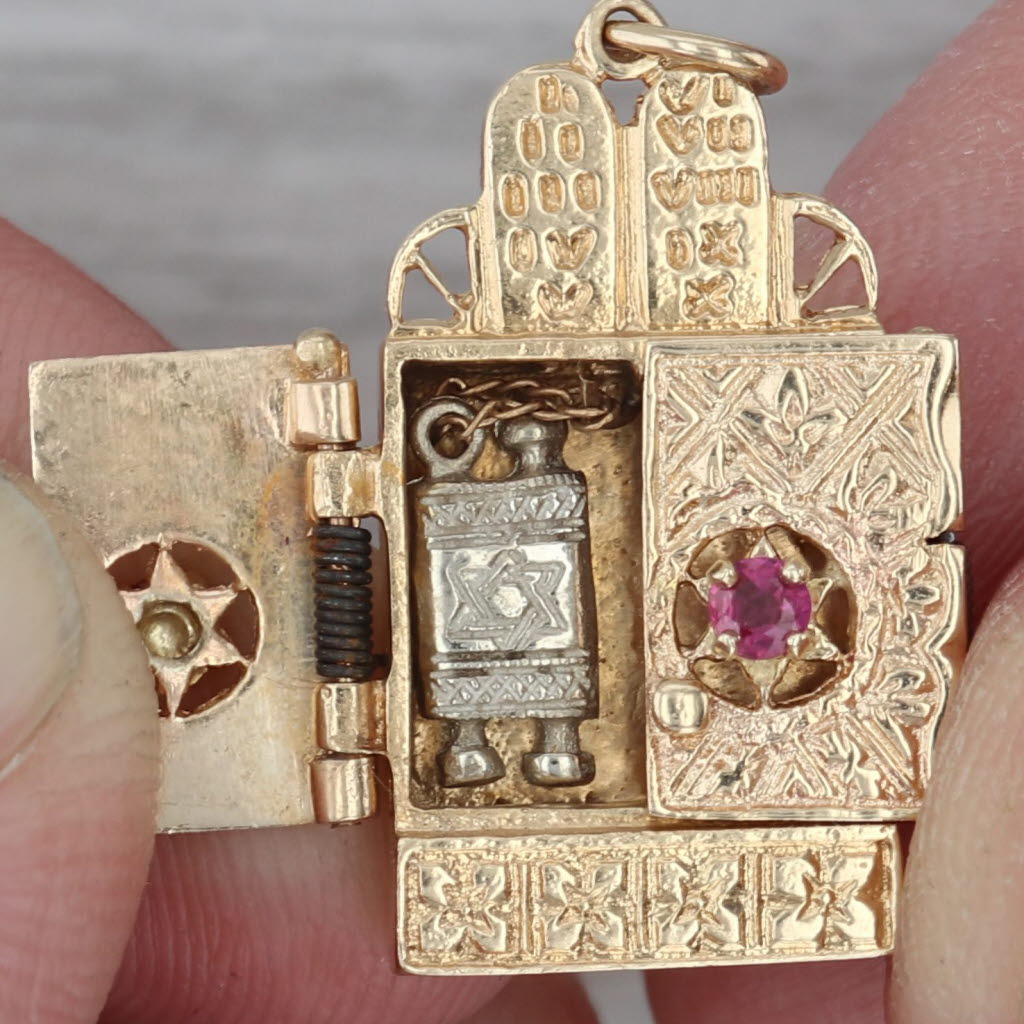 Rosy Brown Judaica Vintage Torah Scroll Pendant Charm 14k Gold Ruby Opens