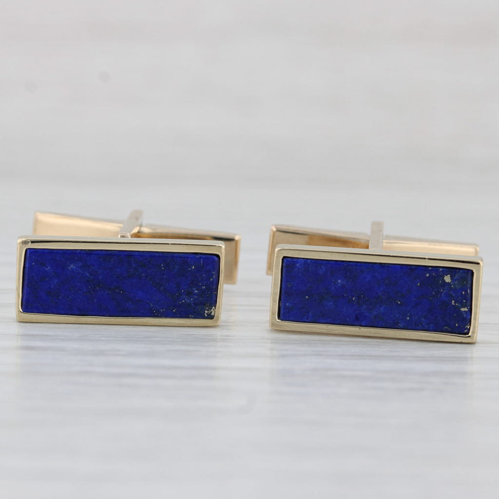 Light Gray Lapis Lazuli Cufflinks 14k Yellow Gold Folding Bar Backs Men's Suite Accessory