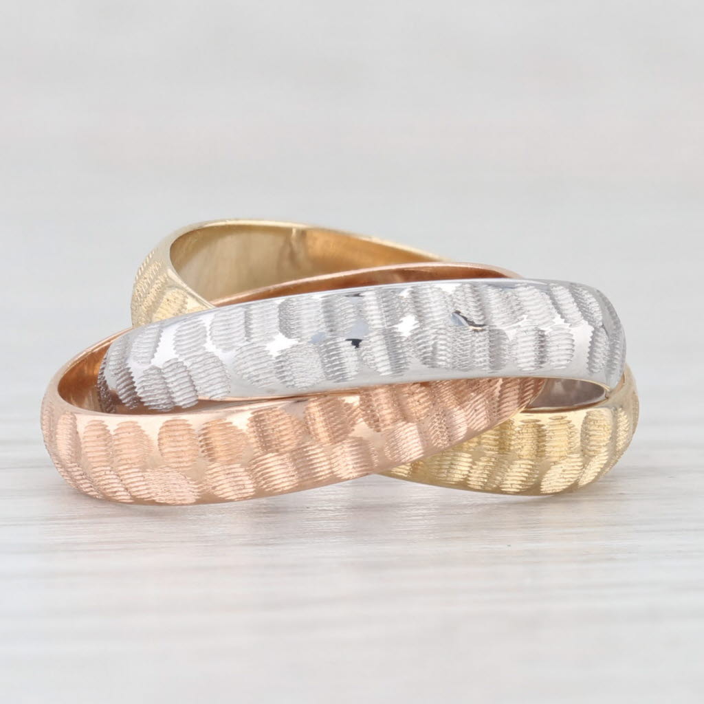Light Gray Tri-Toned 3-Band Puzzle Ring 14k Yellow White Rose Gold Size 6 Hammered Finish