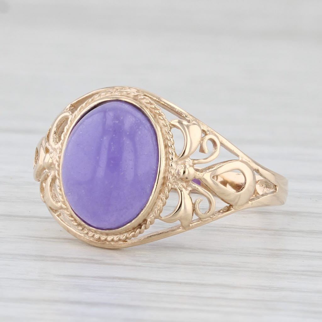 Light Gray Lavender Jadeite Jade Oval Cabochon Solitaire Ring 10k Yellow Gold Size 7.75