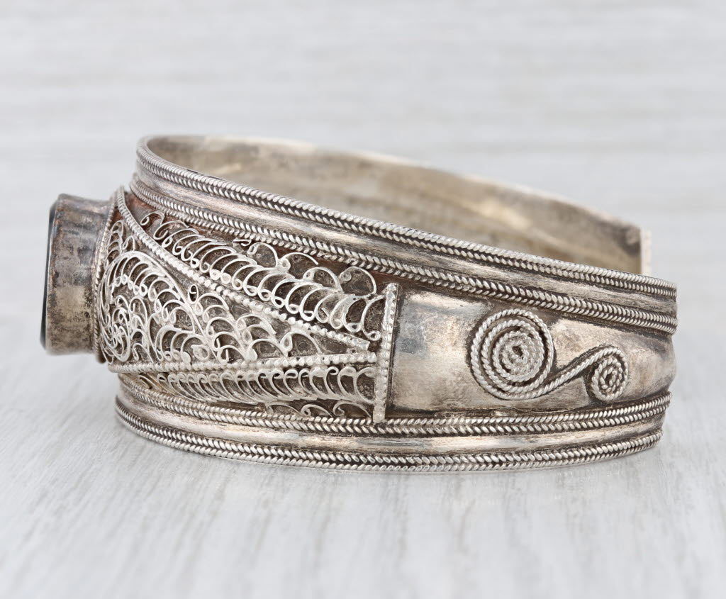 Vintage Onyx Ornate Cuff Bracelet Sterling Silver Statement 7.75"