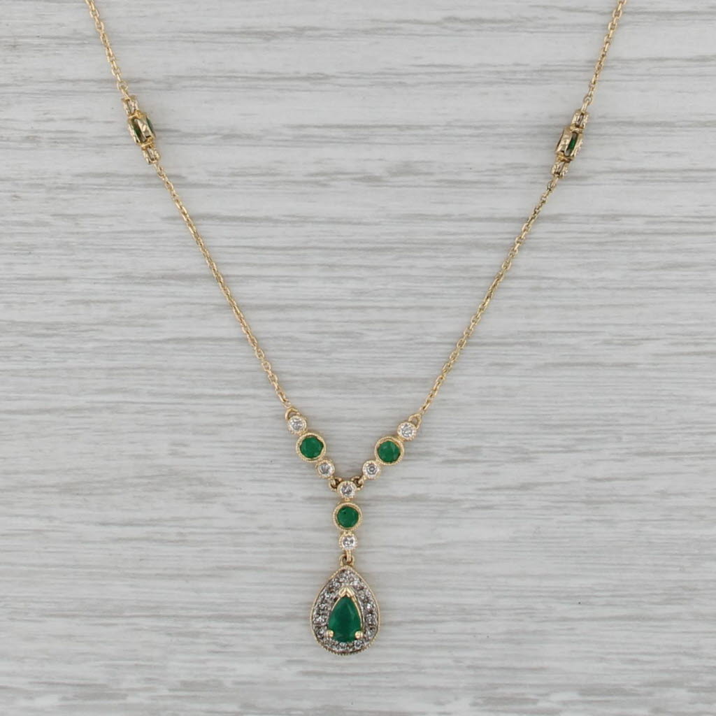 0.90ctw Emerald Diamond Lariat Necklace 14k Yellow Gold 16.5" Cable Chain