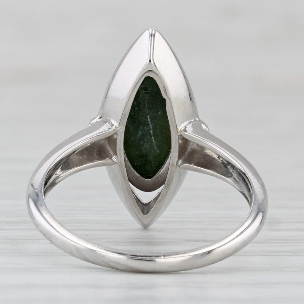 Light Gray Nephrite Jade Navette Cabochon Solitaire Ring 10k White Gold Size 4.5