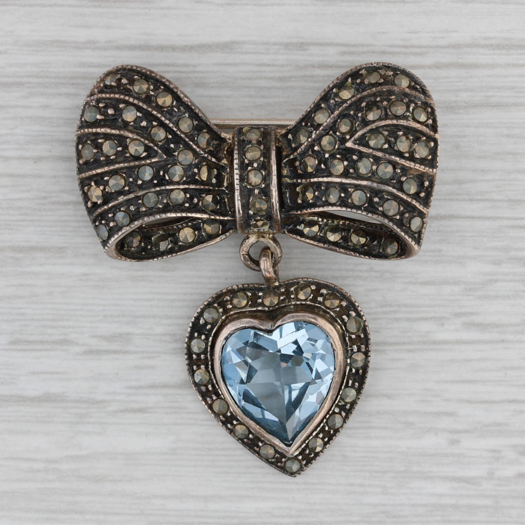 Gray Vintage Lab Created Blue Spinel Heart Bow Brooch Sterling Silver Marcasite Pin