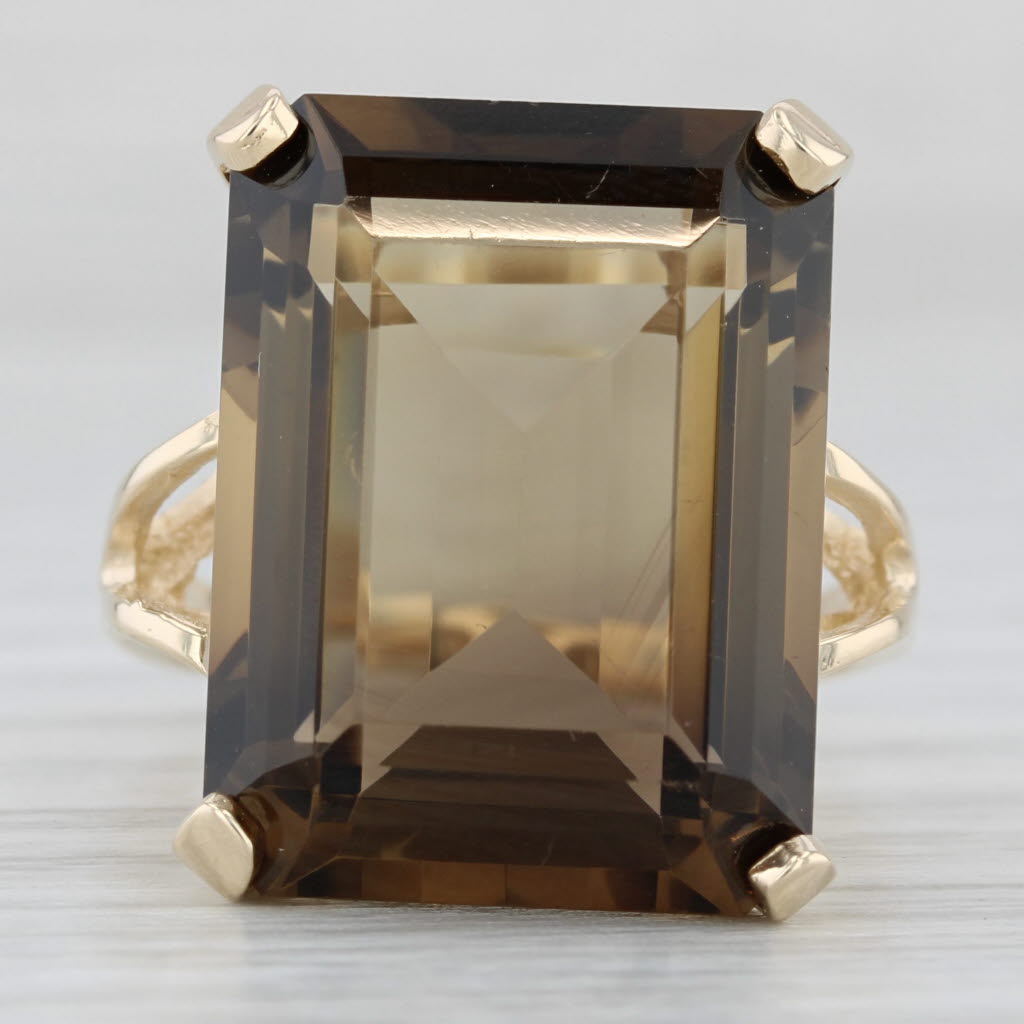 Gray 19ct Smoky Quartz Emerald Cut Solitaire Ring 14k Yellow Gold Size 7.5