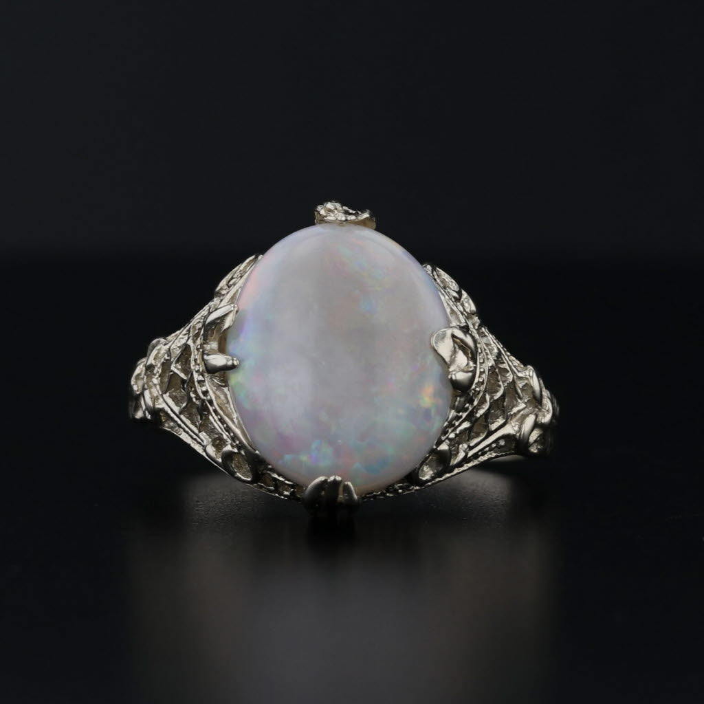 Black Vintage Oval Cabochon Opal Solitaire Filigree Ring 14k White Gold Size 7.25