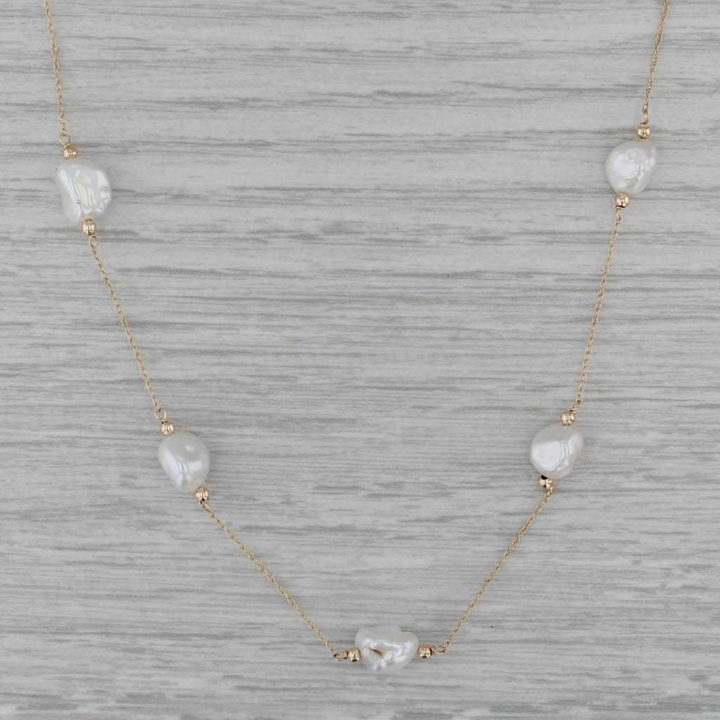 Baroque Cultured Pearl Station Necklace 14k Yellow Gold Rope Chain 16.25"