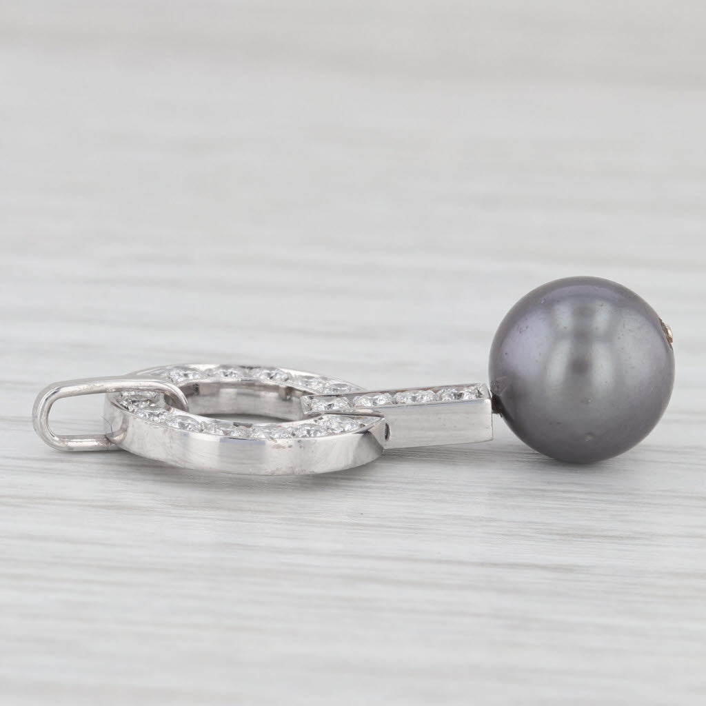 Light Gray 0.36ctw Diamond Cultured Black Pearl Pendant 18k White Gold Circle Drop