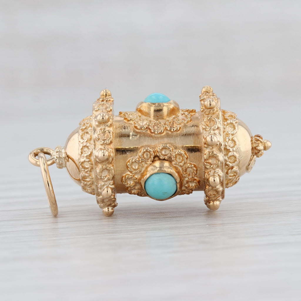 Light Gray Vintage Etruscan Style Ornate Lantern Charm 18k Yellow Gold Imitation Turquoise