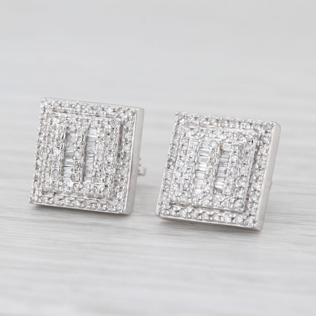 0.37ctw Pave Diamond Square Stud Earrings 14k White Gold Screw Backs Studs