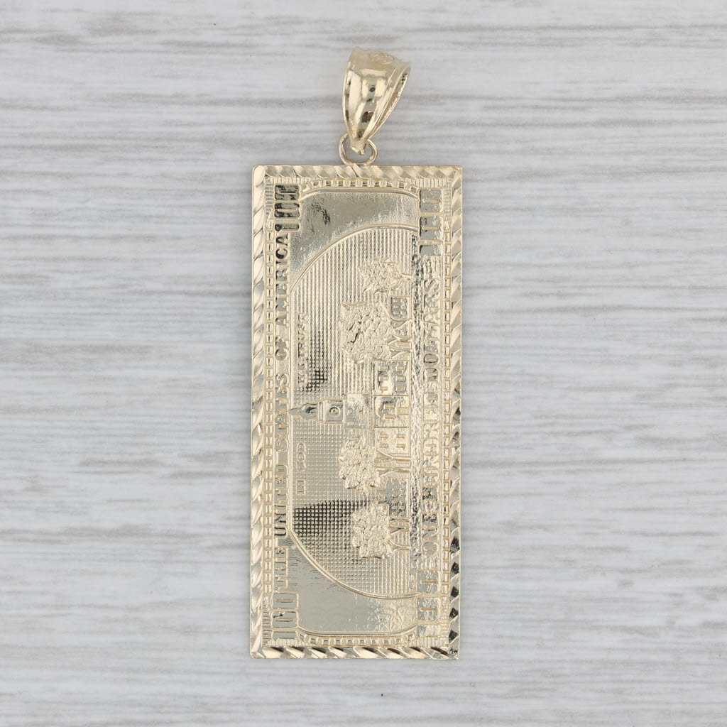 Gray 100 Dollar Bill Pendant 10k Yellow Gold Detailed Copy Benjamin Franklin