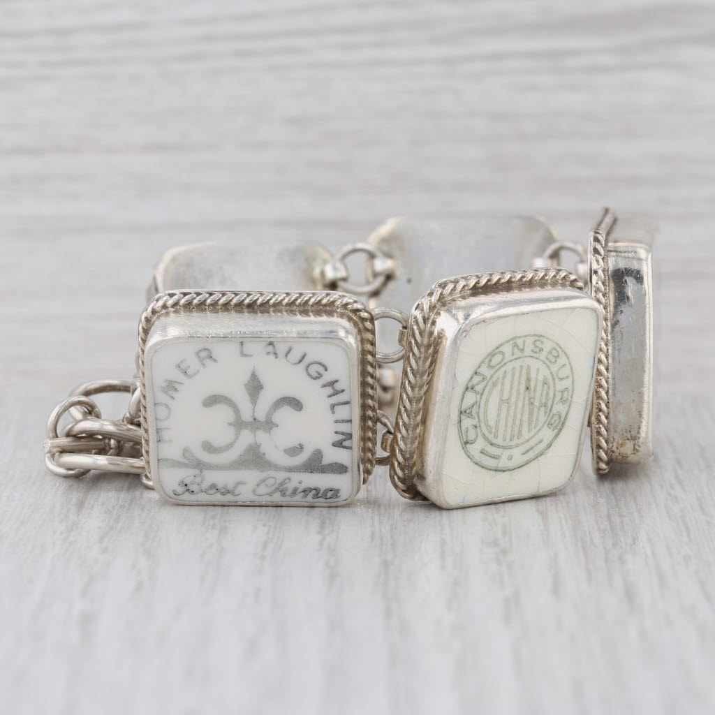 Jacqueline Smiley Ceramic Panel Bracelet Sterling Silver 7.25-8.25" Statment