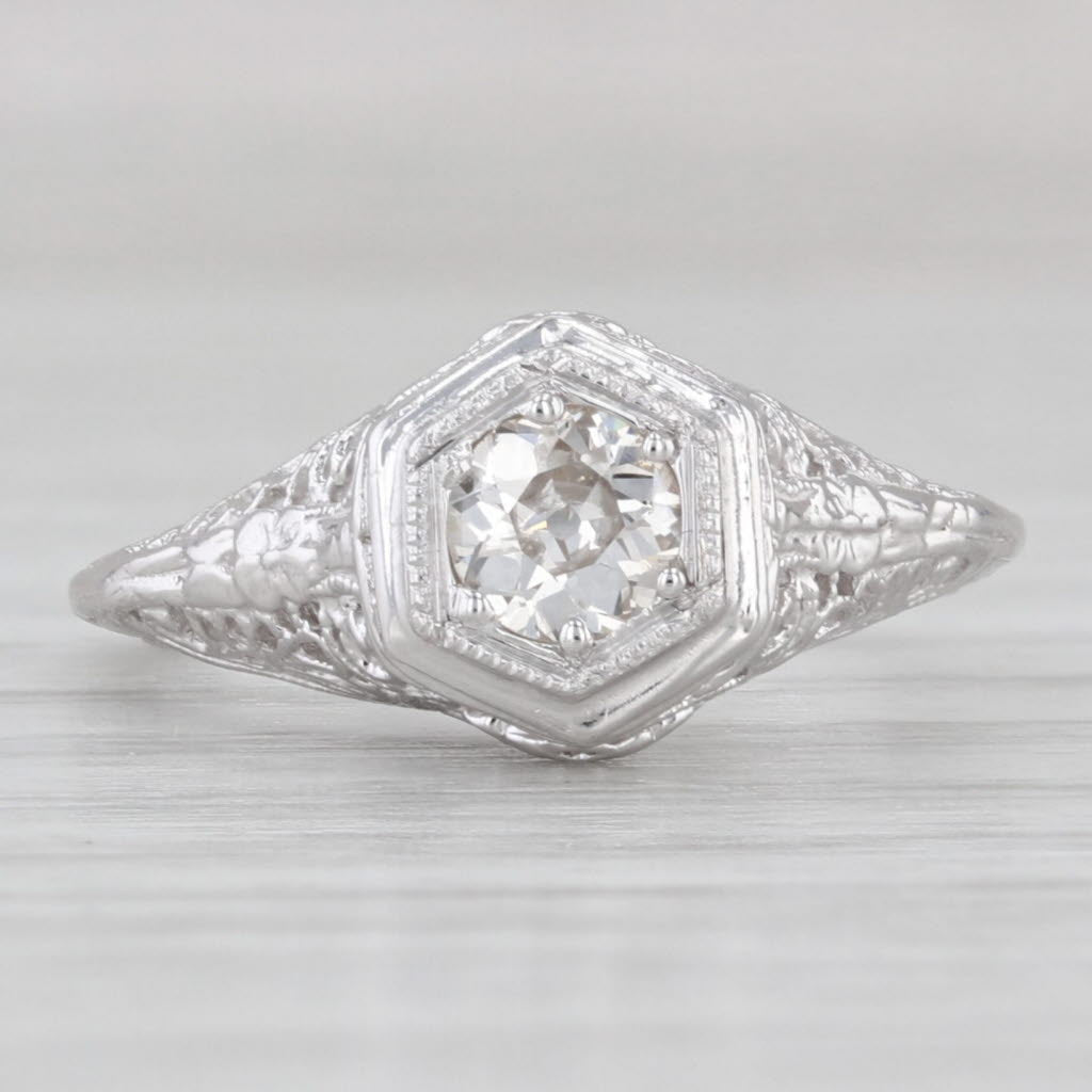 Light Gray Art Deco 0.30ct Old Mine Diamond Filigree Engagement Ring 14k White Gold Size 5