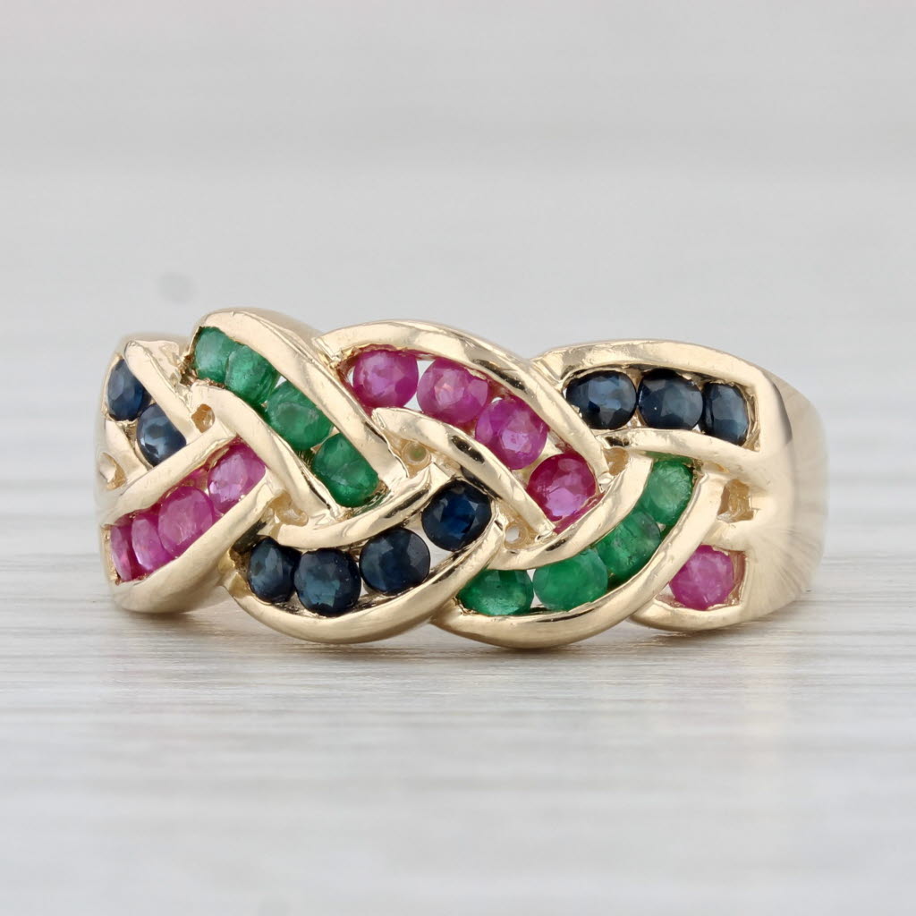 Light Gray 0.72ctw Ruby Emerald Sapphire Woven Gemstone Ring 14k Yellow Gold Size 6.5