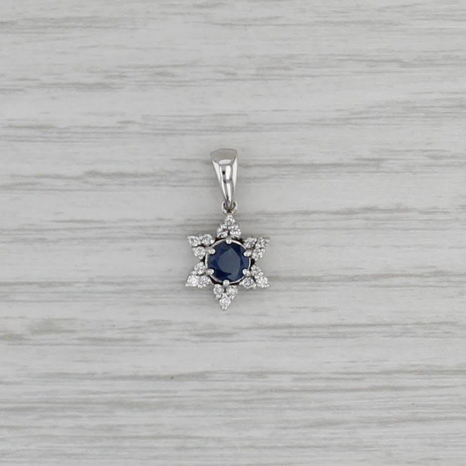 0.78ctw Blue Sapphire Diamond Halo Flower Pendant 14k White Gold