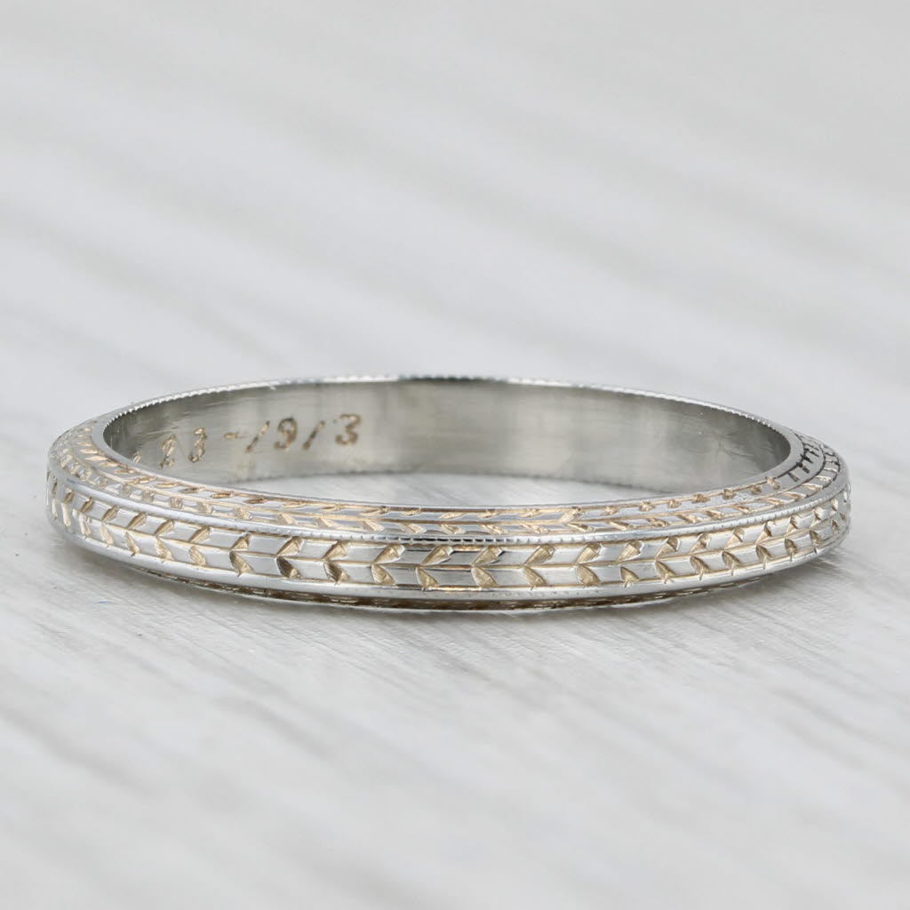 Light Gray Art Deco 1913 Antique Wheat Pattern Band 18k White Gold Size 5.5 Wedding Ring