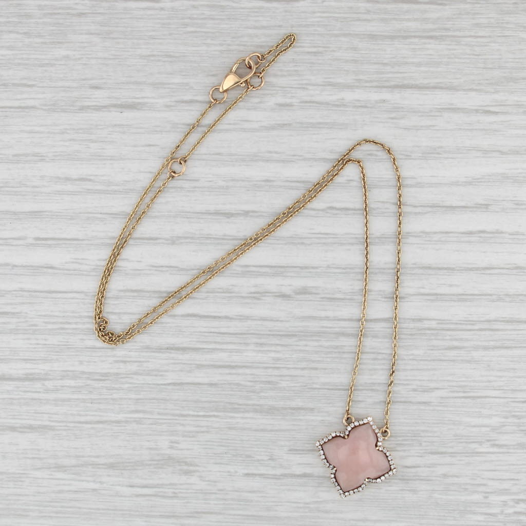 0.15ctw Diamond Halo Pink Opal Pendant Necklace 14k Gold 16" 17" 18" Cable Chain
