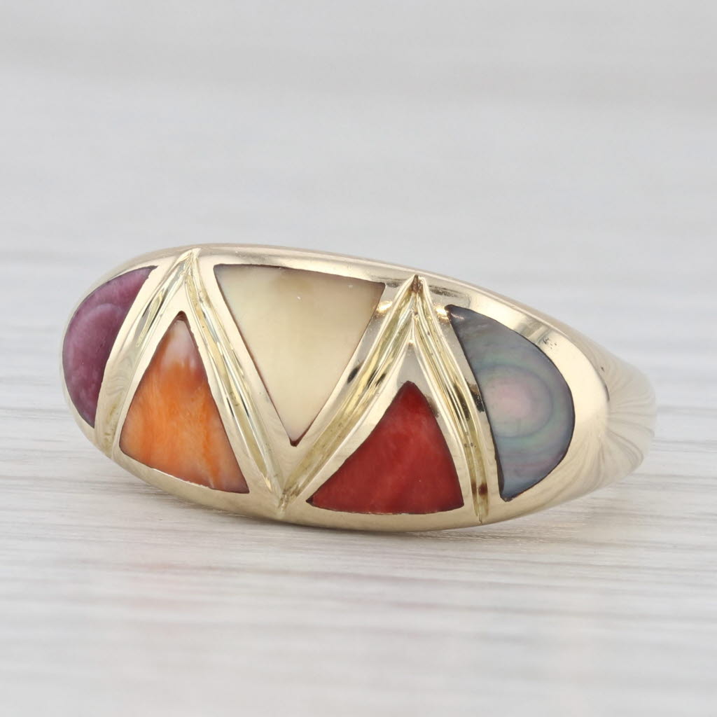 Light Gray Asch Grossbardt Coral Shell Mother of Pearl Inlay Mosaic Ring 14k Gold Size 5.5