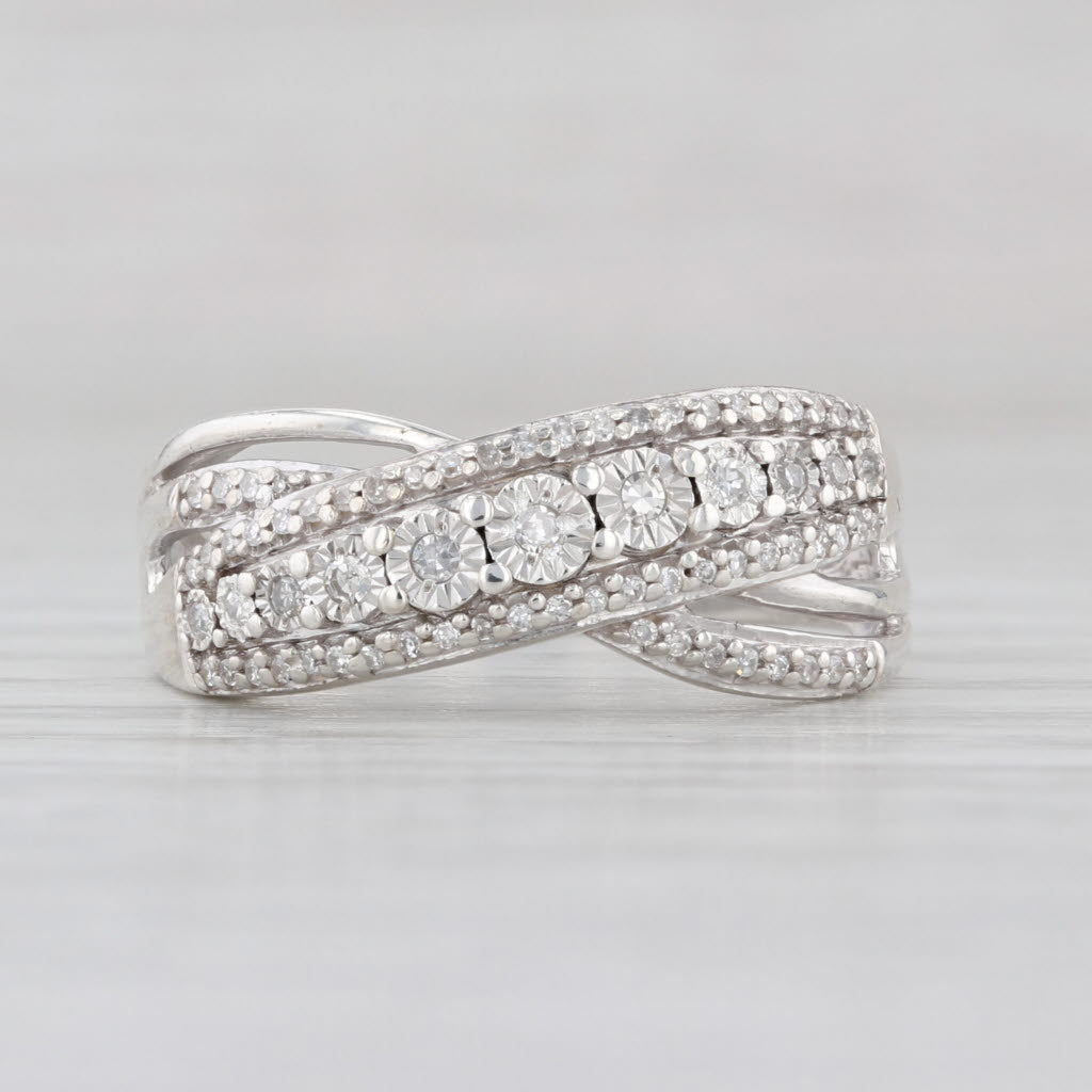 0.12ctw Diamond Crossover Ring Sterling Silver Size 7.25 Stackable Band