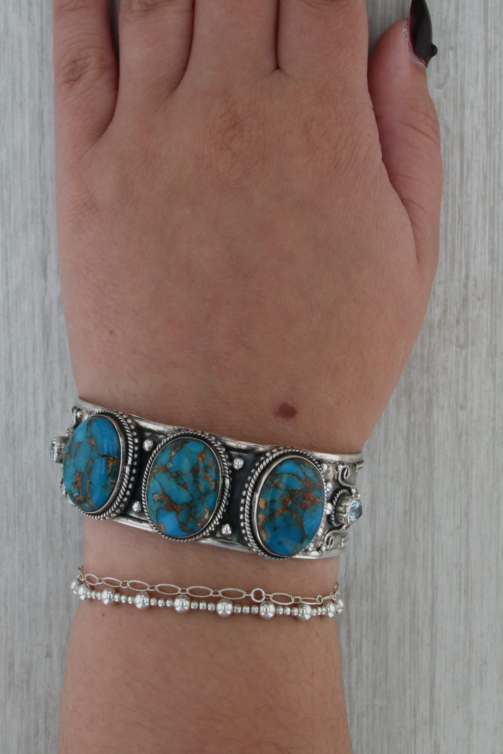Blue Turquoise Topaz Cuff Bracelet Sterling Silver 7.25" Vintage Statement