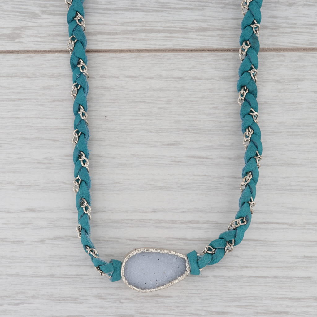 New Cordelia Nina Wynn Necklace Teal Leather White Druzy Quartz Pendant