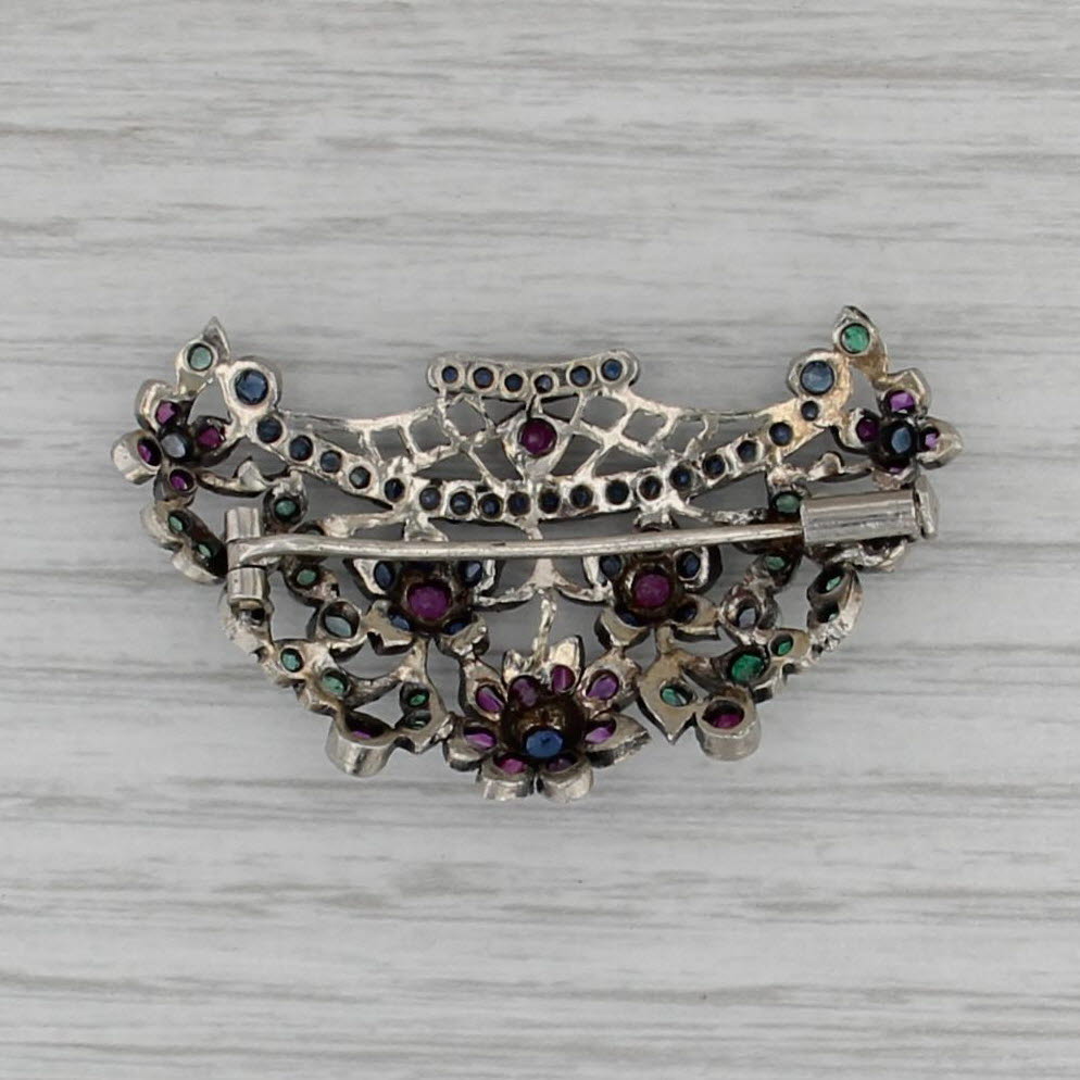 Antique 2.50ctw Gemstone Floral Brooch Silver Emerald Ruby Sapphire Pin