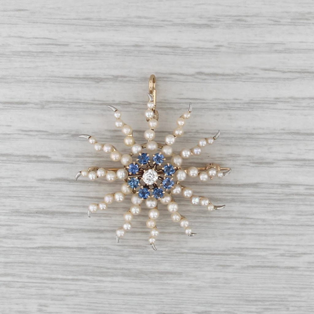 Vintage Pearl Sapphire Diamond Sun Brooch Convertiable Pendant 14k Gold Pin