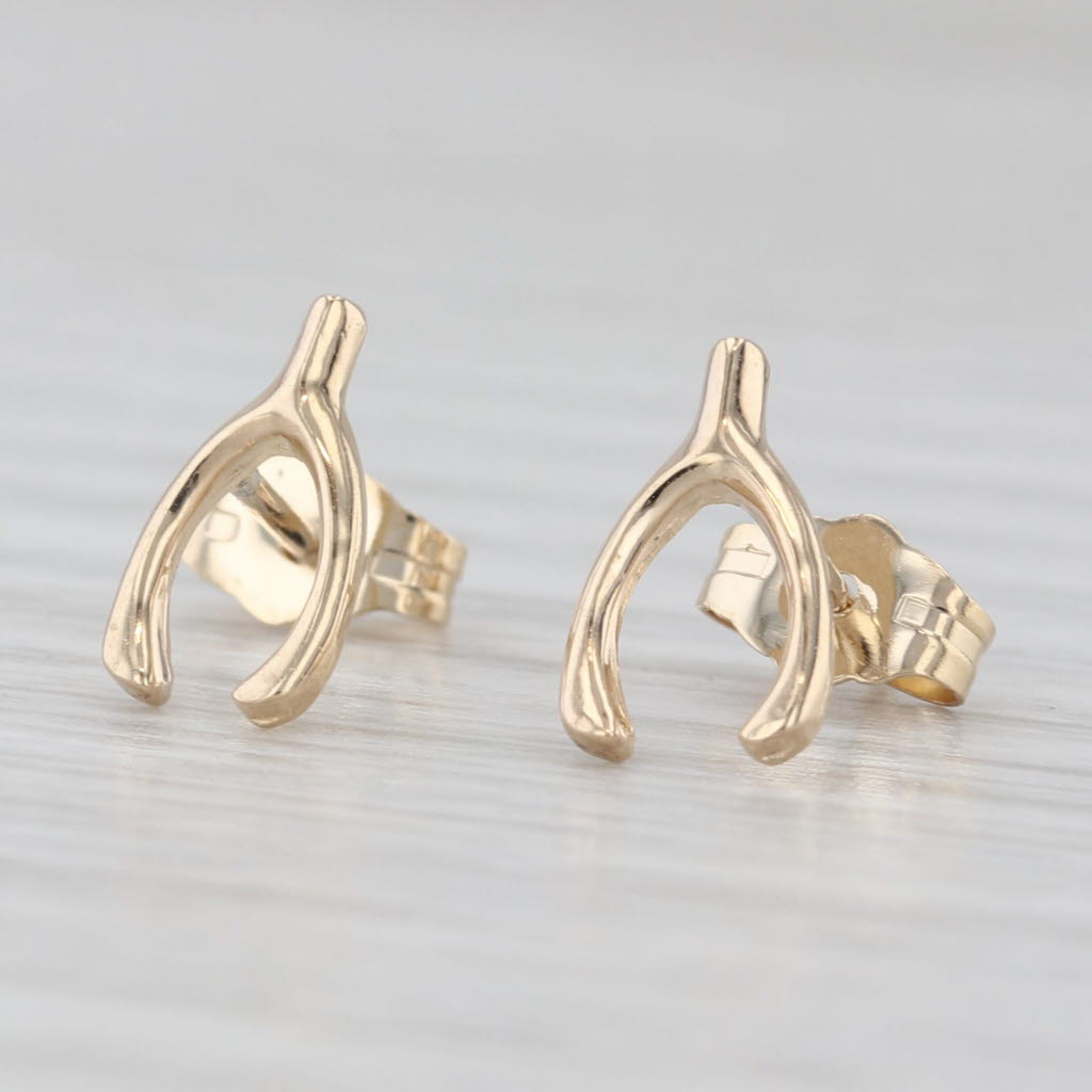 Light Gray Small Wishbone Stud Earrings 14k Yellow Gold