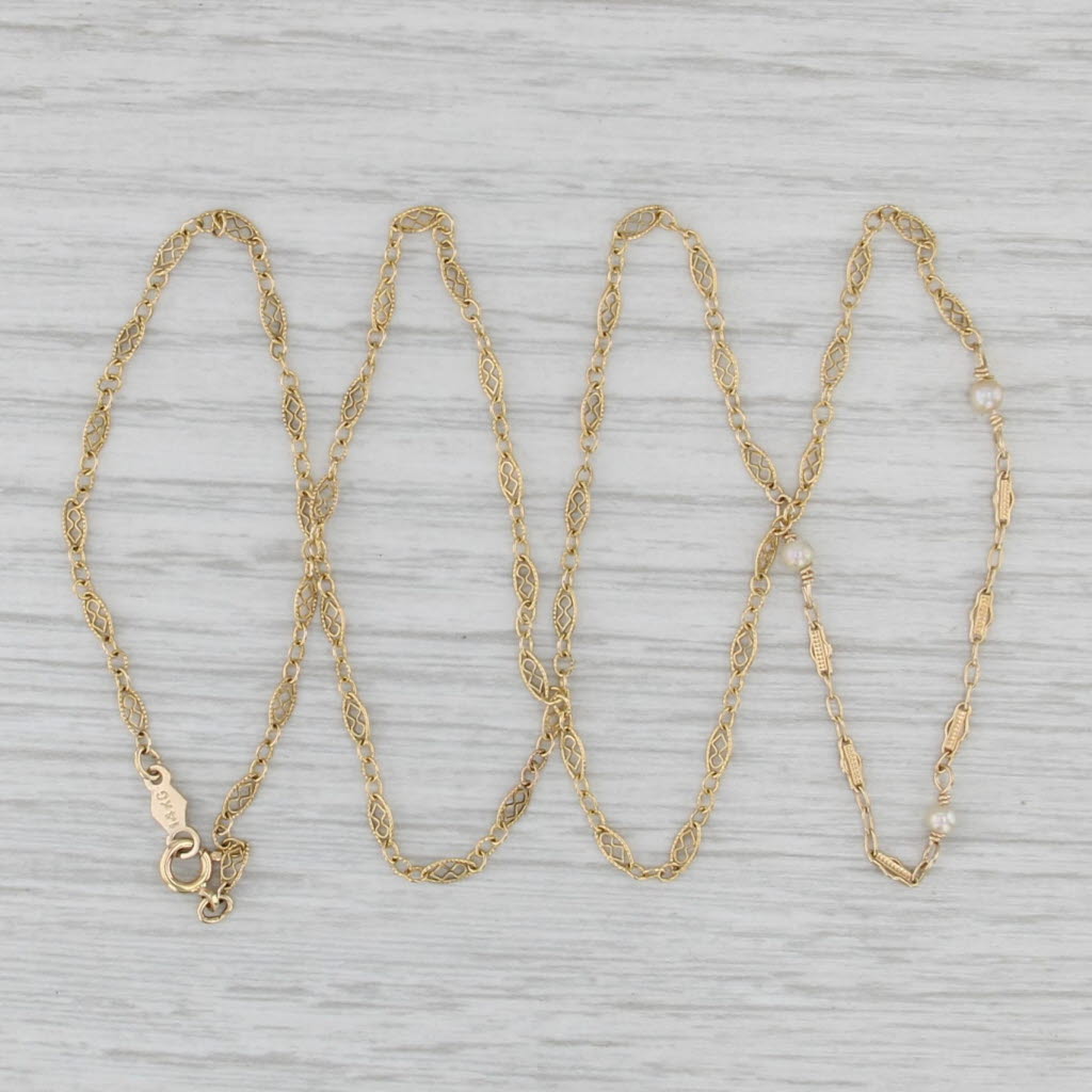 Filigree Link Chain Seed Pearl Station Necklace 14k Yellow Gold 19"