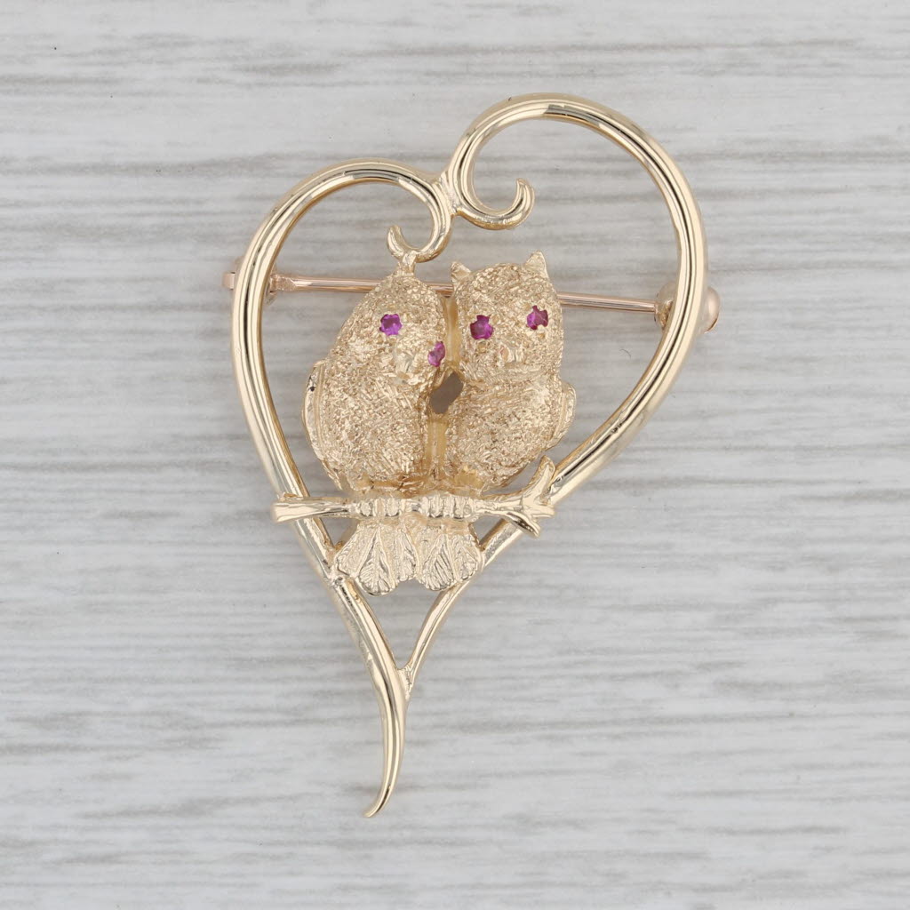 Gray Vintage Love Birds Heart Brooch 14k Yellow Gold Pin Lab Created Rubies