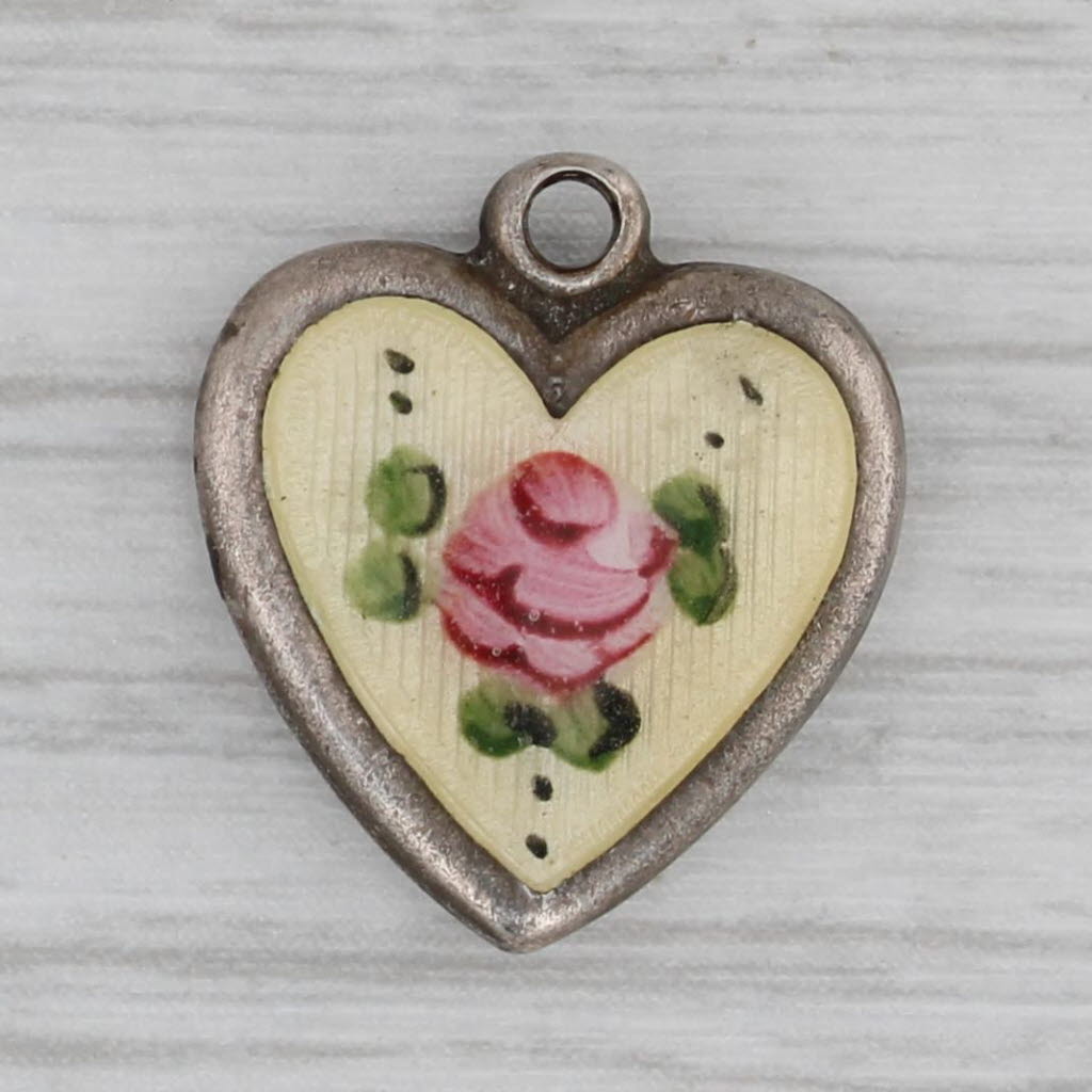 Gray Vintage Rose Puffy Heart Charm Sterling Silver Enamel Floral Pendant