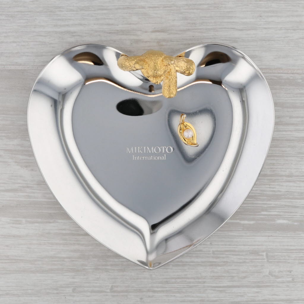 Gray Mikimoto Teddy Bear Heart Jewelry Trinket Tray with Pearl Silver & Gold Toned