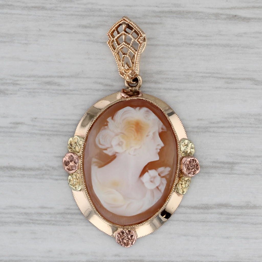 Gray Vintage Carved Shell Cameo Pendant 10k Gold Floral Accents